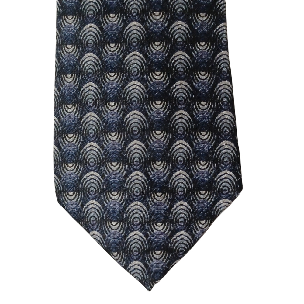 JHANE BARNES 100% Silk Circle Navy Blue Gray Print Tie